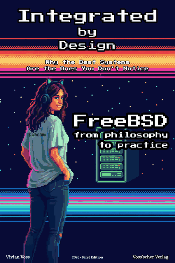 Book cover: Integrated by Design. Pixel art illustration of a young woman with cat-ear headphones standing next to a server rack, retro-futuristic style.